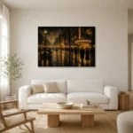 Rainlit Cinema Boulevard Classic Cinema Wall Art Canvas Print styled in a refined neutral interior