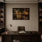 Rainlit Cinema Boulevard Classic Cinema Wall Art Canvas Print displayed in a contemporary gallery-inspired room