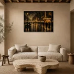 Rainlit Cinema Boulevard Classic Cinema Wall Art Canvas Print presented in a sophisticated home setting