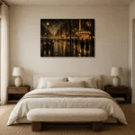 Rainlit Cinema Boulevard Classic Cinema Wall Art Canvas Print showcased in an elegant minimalist interior