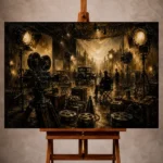 Black and antique brass Classic Cinema Wall Art print featuring a vintage film studio with cameras and spotlights for elegant interiors