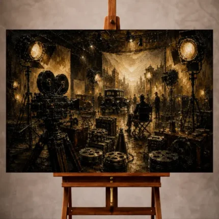 Black and antique brass Classic Cinema Wall Art print featuring a vintage film studio with cameras and spotlights for elegant interiors