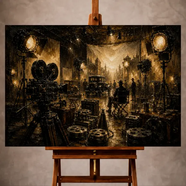 Premium Wall Art Yatay Html Edition – THECİNEMAGARA014 Image 1 Black and antique brass Classic Cinema Wall Art print featuring a vintage film studio with cameras and spotlights for elegant interiors