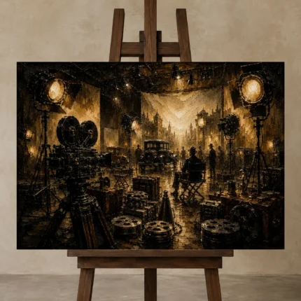Antique Brass Film Studio Classic Cinema Wall Art Canvas Print shown in Studio Easel