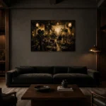 Antique Brass Film Studio Classic Cinema Wall Art Canvas Print shown in a warm modern interior