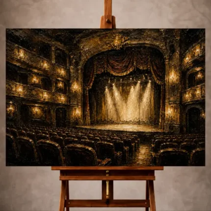 Black and golden ochre Classic Cinema Wall Art print featuring an ornate historic theater with velvet curtains and glowing stage lights