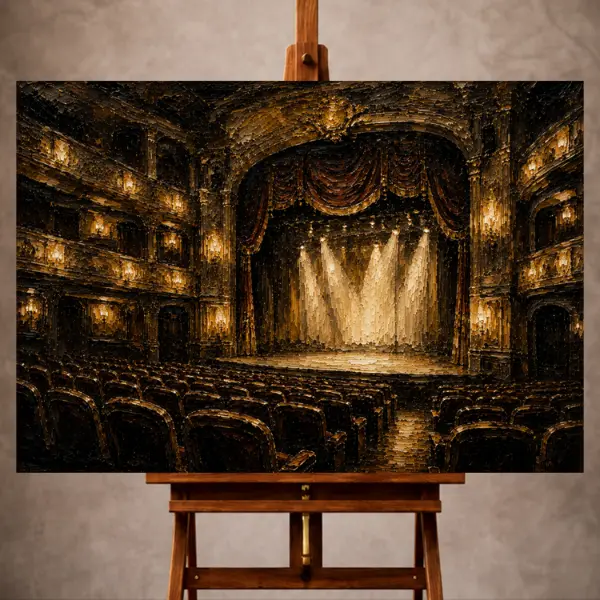 Premium Wall Art Yatay Html Edition – THECİNEMAGARA015 Image 1 Black and golden ochre Classic Cinema Wall Art print featuring an ornate historic theater with velvet curtains and glowing stage lights