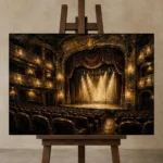 Golden Ochre Historic Theater Classic Cinema Wall Art Canvas Print displayed on a studio easel