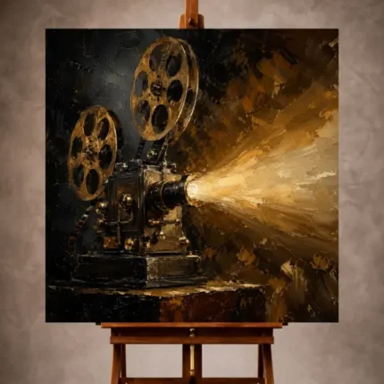 Black and antique brass Classic Cinema Wall Art print featuring a vintage film projector with oversized reels and amber light