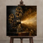 Antique Brass Projector Classic Cinema Wall Art Canvas Print displayed on a studio easel