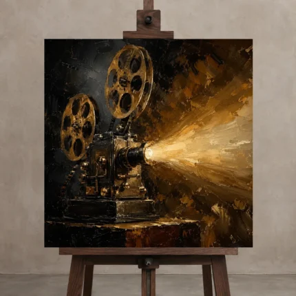 Antique Brass Projector Classic Cinema Wall Art Canvas Print shown in Studio Easel