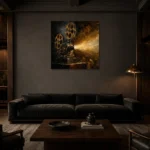 Antique Brass Projector Classic Cinema Wall Art Canvas Print shown in a warm modern interior