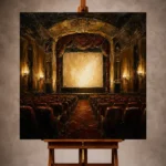 Black and muted gold Classic Cinema Wall Art print featuring a historic theater with velvet seats and an illuminated screen