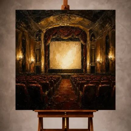 Black and muted gold Classic Cinema Wall Art print featuring a historic theater with velvet seats and an illuminated screen