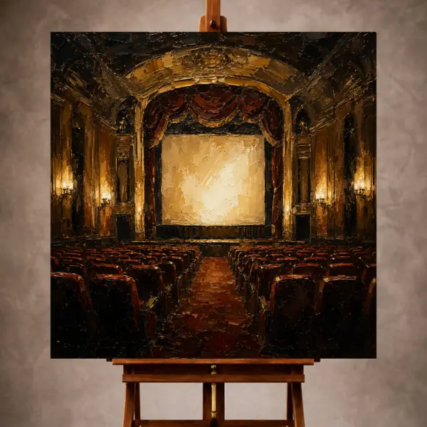Premium Wall Art Kare Html Edition – THECİNEMAGARA017 Image 1 Black and muted gold Classic Cinema Wall Art print featuring a historic theater with velvet seats and an illuminated screen