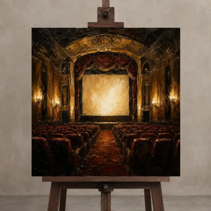 Muted Gold Historic Theater Classic Cinema Wall Art Canvas Print displayed on a studio easel