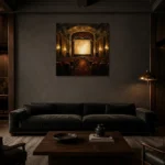 Muted Gold Historic Theater Classic Cinema Wall Art Canvas Print shown in a warm modern interior