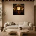 Muted Gold Historic Theater Classic Cinema Wall Art Canvas Print presented in a sophisticated home setting