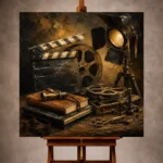 Black and bronze Classic Cinema Wall Art print featuring a vintage clapboard, antique film reels, leather scripts, and brass editing tools