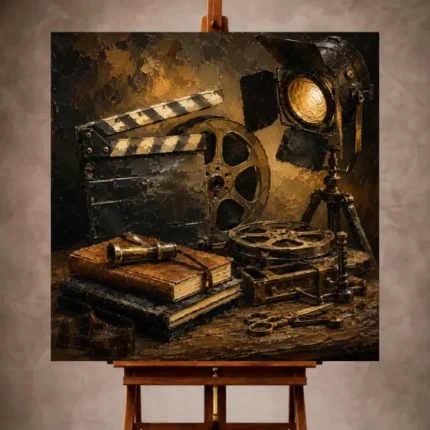 Black and bronze Classic Cinema Wall Art print featuring a vintage clapboard, antique film reels, leather scripts, and brass editing tools