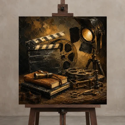 Bronze Cinema Still Life Classic Cinema Wall Art Canvas Print shown in Studio Easel