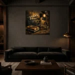 Bronze Cinema Still Life Classic Cinema Wall Art Canvas Print shown in a warm modern interior