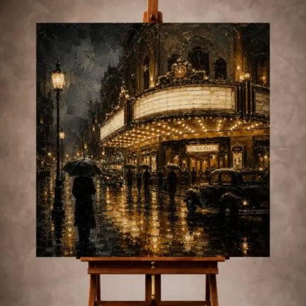 Black and antique gold Classic Cinema Wall Art print featuring a rainlit vintage cinema with umbrella silhouettes for elegant interiors
