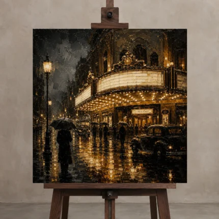 Rainlit Noir Cinema Classic Cinema Wall Art Canvas Print displayed on a studio easel