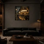 Rainlit Noir Cinema Classic Cinema Wall Art Canvas Print shown in a warm modern interior