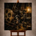 Black and weathered bronze Classic Cinema Wall Art print featuring suspended film strips, antique lenses, and brass projector components