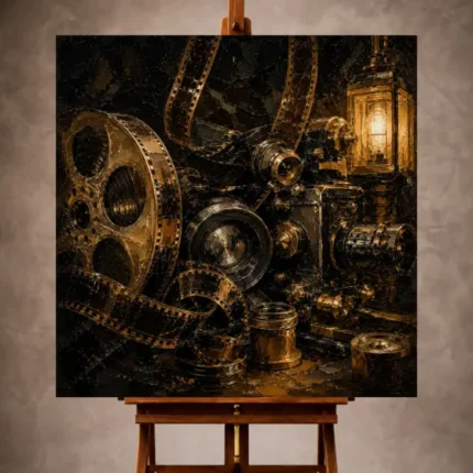 Black and weathered bronze Classic Cinema Wall Art print featuring suspended film strips, antique lenses, and brass projector components