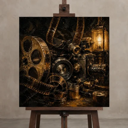Weathered Bronze Film Archive Classic Cinema Wall Art Canvas Print displayed on a studio easel