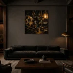 Weathered Bronze Film Archive Classic Cinema Wall Art Canvas Print shown in a warm modern interior