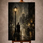 Black and gold Noir Movie Wall Art print featuring a lone silhouette beneath a glowing streetlamp in a misty Art Deco street