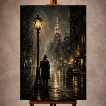Black and gold Noir Movie Wall Art print featuring a lone silhouette beneath a glowing streetlamp in a misty Art Deco street