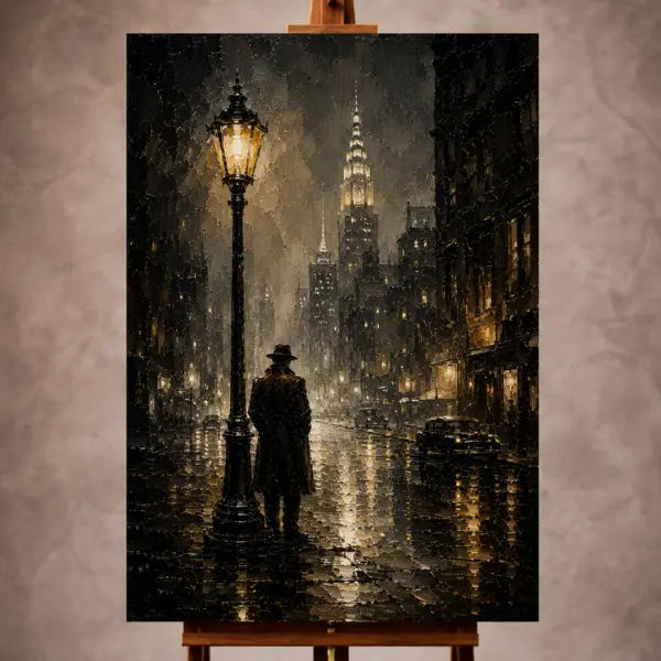 Premium Wall Art Dikey Html Edition – THECİNEMAGARA021 Image 1 Black and gold Noir Movie Wall Art print featuring a lone silhouette beneath a glowing streetlamp in a misty Art Deco street