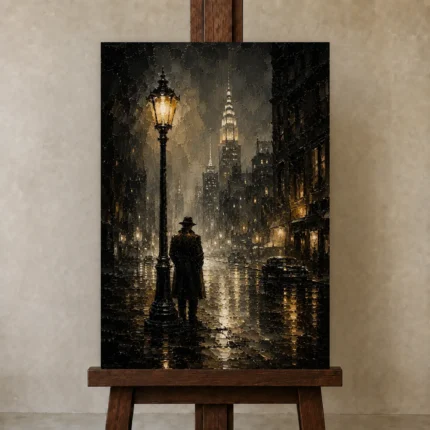 Golden Rain Noir Movie Wall Art Canvas Print shown in Studio Easel