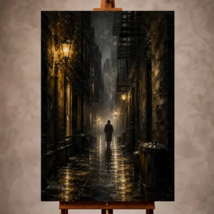 Black and gold Noir Movie Wall Art print featuring a silhouette in a rain-soaked alley with glowing lamps and drifting fog