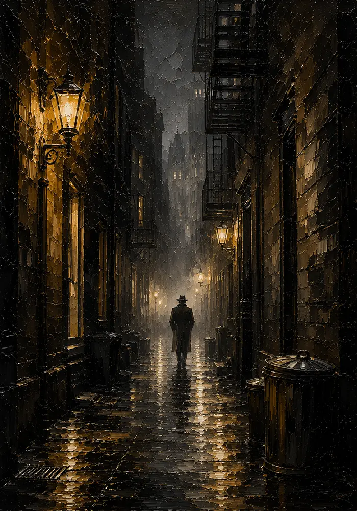 Rainlit Golden Alley Noir Movie Wall Art Canvas Print
