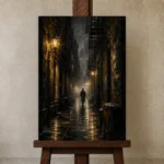 Rainlit Golden Alley Noir Movie Wall Art Canvas Print displayed on a studio easel