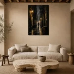 Rainlit Golden Alley Noir Movie Wall Art Canvas Print presented in a sophisticated home setting
