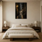 Rainlit Golden Alley Noir Movie Wall Art Canvas Print showcased in an elegant minimalist interior