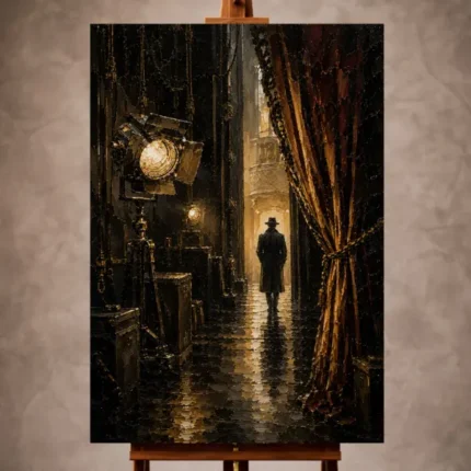 Black and gold Noir Movie Wall Art print featuring a solitary silhouette at a velvet-curtained historic theater entrance