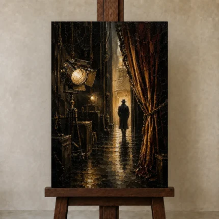 Golden Backstage Theater Noir Movie Wall Art Canvas Print shown in Studio Easel