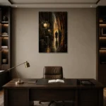 Golden Backstage Theater Noir Movie Wall Art Canvas Print displayed in a contemporary gallery-inspired room