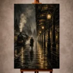 Black and gold Noir Movie Wall Art print featuring a silhouetted traveler on a rainlit vintage railway platform