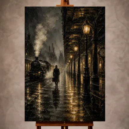 Black and gold Noir Movie Wall Art print featuring a silhouetted traveler on a rainlit vintage railway platform