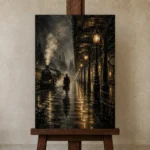 Golden Railway Platform Noir Movie Wall Art Canvas Print displayed on a studio easel