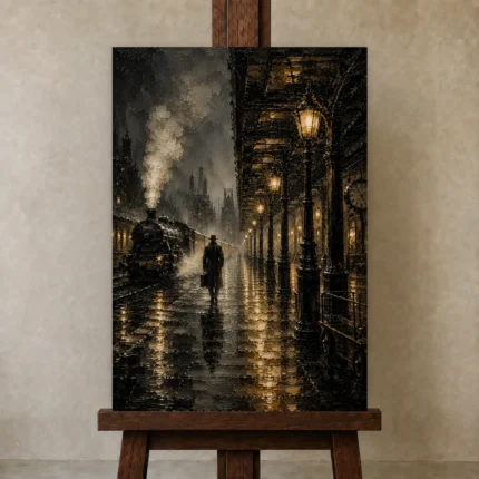 Golden Railway Platform Noir Movie Wall Art Canvas Print shown in Studio Easel