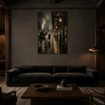 Golden Railway Platform Noir Movie Wall Art Canvas Print shown in a warm modern interior